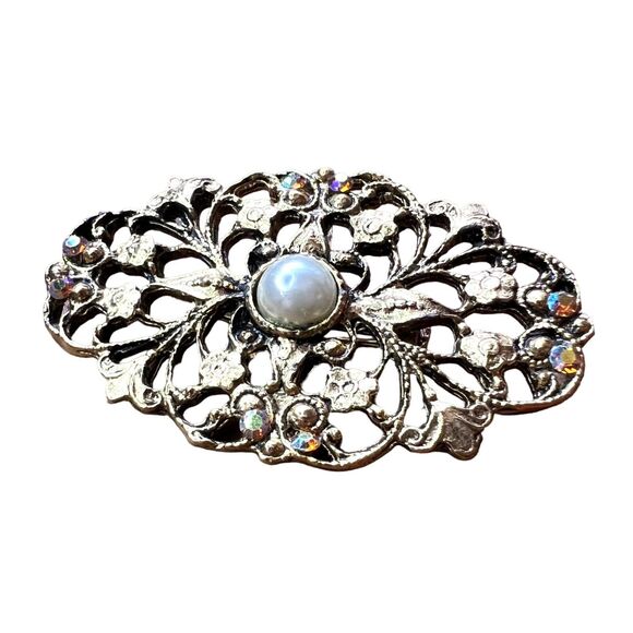 Pearl and Rhinestone Floral Brooch Pin Gold Tone - Picture 1 of 12